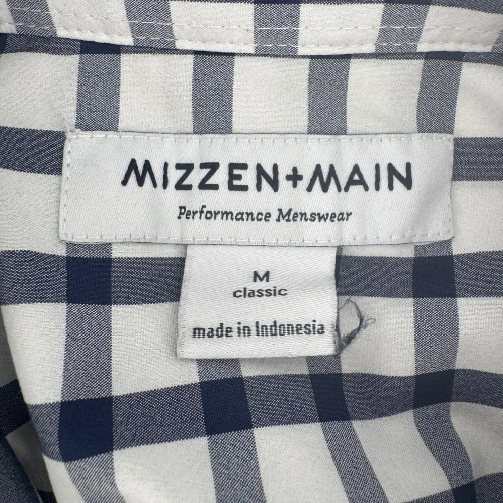 Mizzen + Main Mens Performance Short Sleeve Gingham Shirt Navy White Classic M